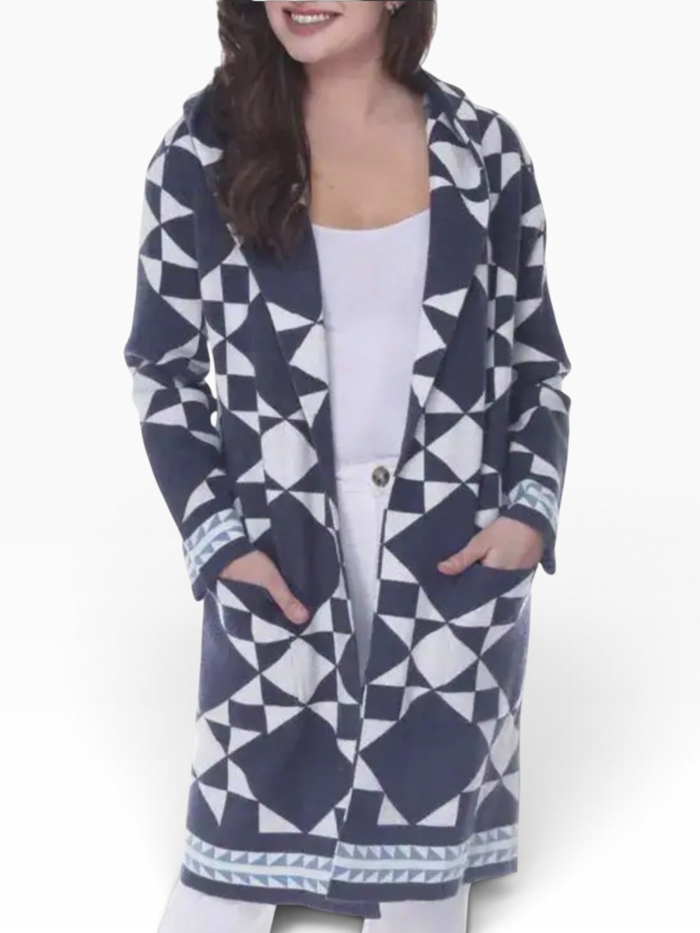 Oliver O Hooded Geometric Navy and White Sweater XL NWT